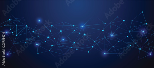 Abstract digital network background with glowing connected nodes and bright lines on a dark blue gradient illustrating data communication, technology flow, and futuristic connectivity.