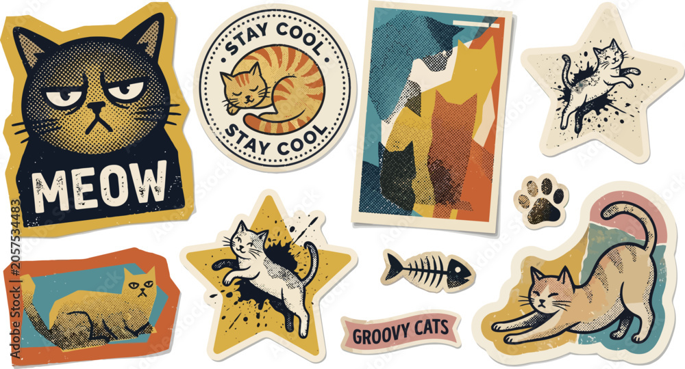 Fototapeta premium Colorful Cat Illustrations with Coffee and Summer Vibes in Flat Design Style