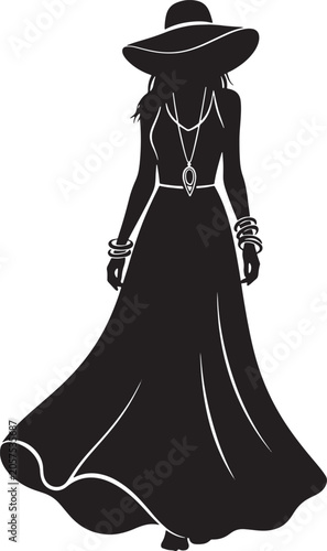 Silhouette of a woman in a long dress and hat walking alone