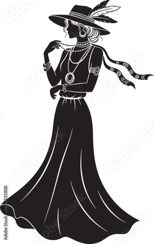 Woman in elegant dress and hat with feather accessory