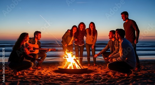 Friends gathered around a warm beach bonfire at dusk, sharing stories and laughter under the twilight sky.