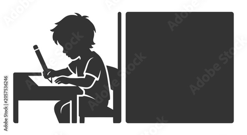 Vászonkép A silhouette of a young student sitting at a desk writing with a pencil