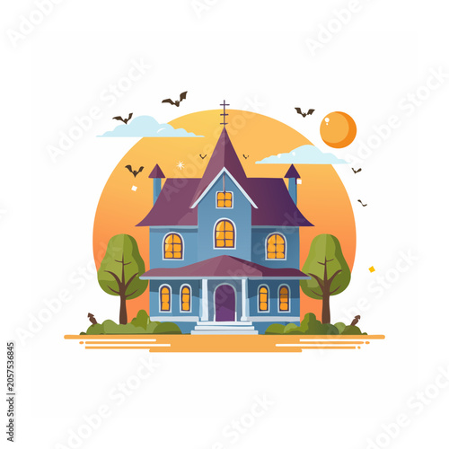 Cartoon house with sun and birds illustration