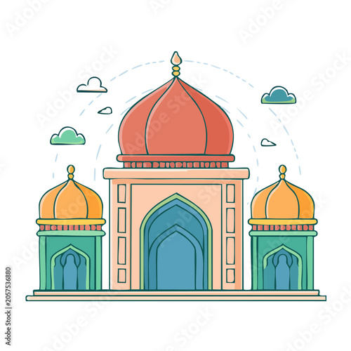 Flat color illustration of a church with dome and towers