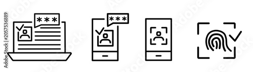 Collection of user verification line icons featuring biometric authentication, face ID, fingerprint scan, mobile and desktop verification, secure identity access elements for UI design.