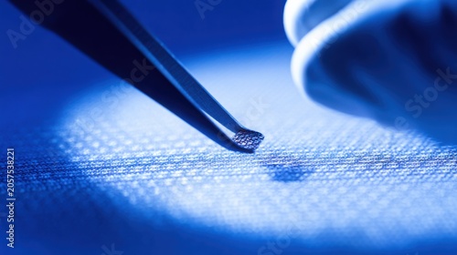Close up of tweezers carefully holding ultra thin graphene sample under microscope lighting, cutting edge materials science laboratory, hyper