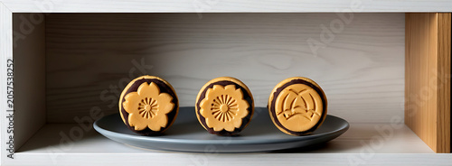 Minimalist, Zen-inspired. three monaka (wafer sandwiches) with delicate flower-shaped imprints (sakura, kiku, ume), filled tsubuan (red bean paste), inside oak display shelf 