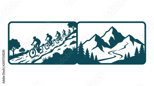 Fotografie Two panel illustration featuring mountain bikers riding uphill and a scenic mountain landscape