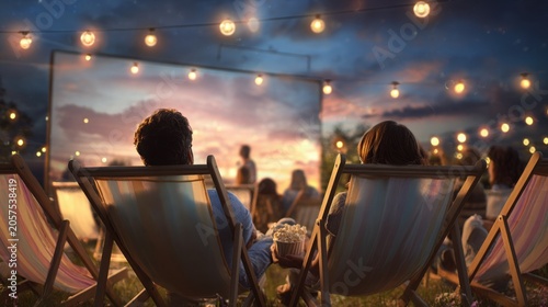Couple seated in comfortable deck chairs watching movie at outdoor cinema under string lights, cozy summer evening atmosphere, cultural leisure
