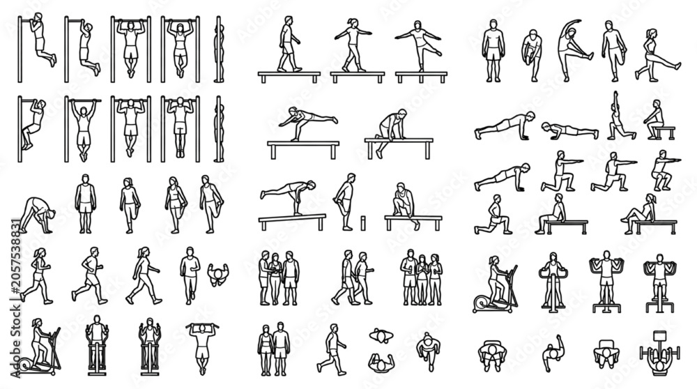 Obraz premium Gymnastics and Fitness Outline Character Collection with Exercise Equipment, Training and Athletic Poses