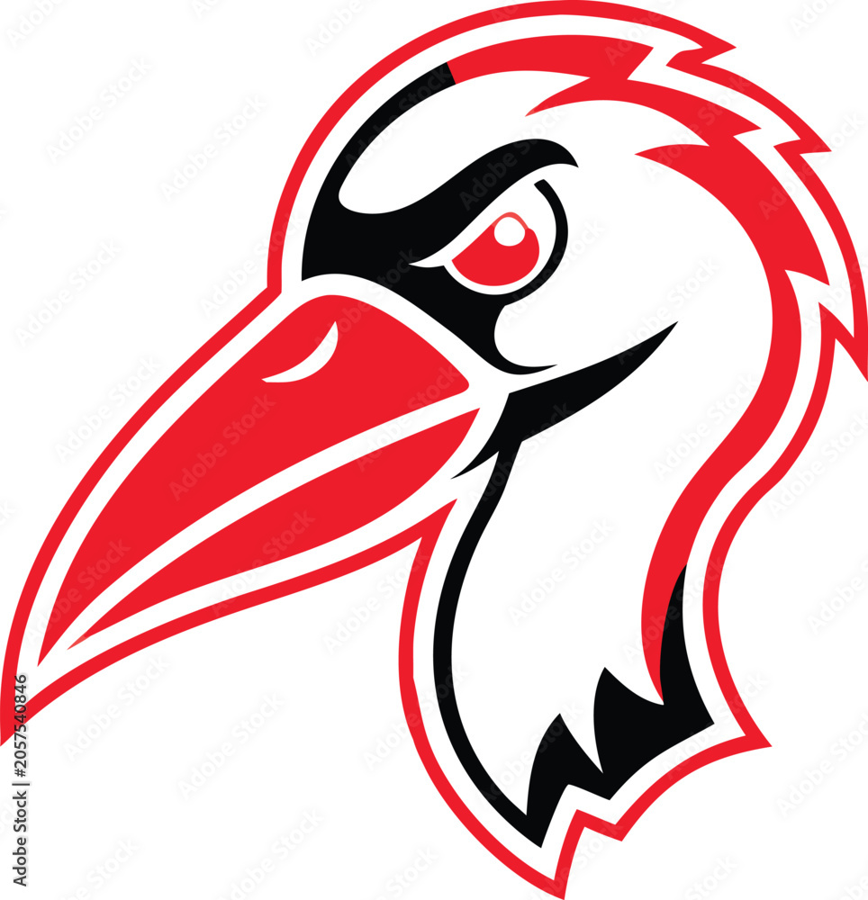 Obraz premium Dynamic Stork Bird Mascot Head Logo with Intense Red Eye and Sharp Beak for Sports Teams or Businesses