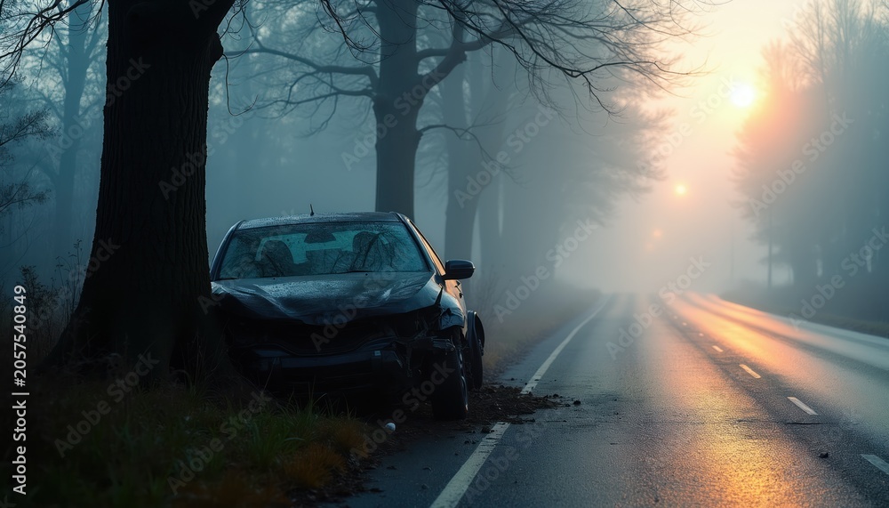 Obraz premium Car crashes tree on foggy road at sunrise. Damaged vehicle, no occupants visible. Aftermath of accident in mist. Road safety warning, travel hazard.