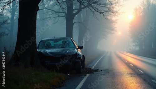 Car crashes tree on foggy road at sunrise. Damaged vehicle, no occupants visible. Aftermath of accident in mist. Road safety warning, travel hazard.