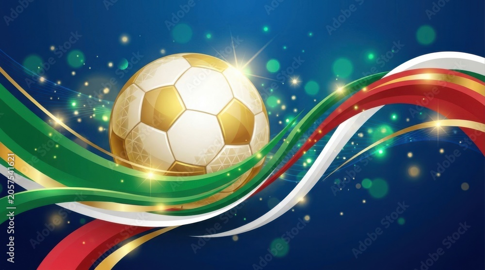 Naklejka premium Golden soccer ball with italian flag colors and sparkles on blue background