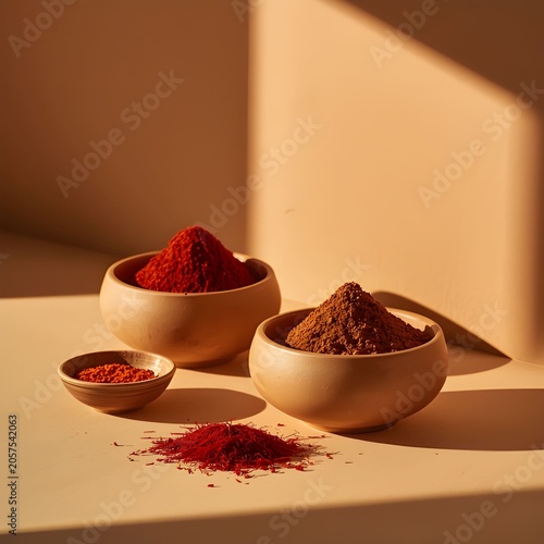 Minimalist arrangement of saffron and powdered spices in earthen ceramic bowls with soft geometric shadows.