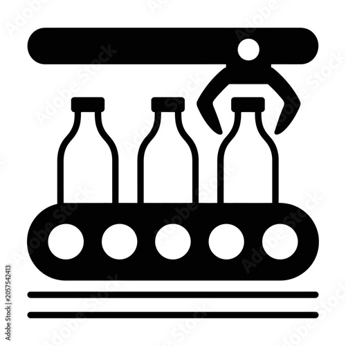 Automated factory production line vector icon showing robotic arm moving glass bottles