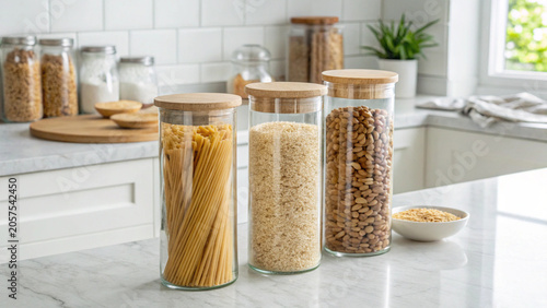 Glass Jars with Dry Food in Modern Kitchen