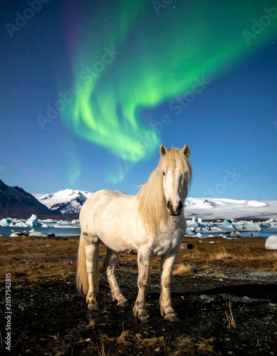Horse standing under green aurora borealis sky.