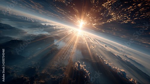 Stunning sunrise above the earth with sun rays breaking through clouds and atmospheric layers