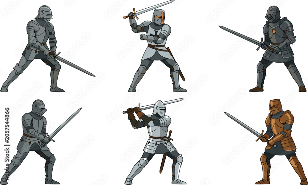 Fototapeta premium Medieval Knight Warrior Character Vector Set with Full Armor Suits Swords Helmets Templar and Crusader Soldiers for Gaming and Fantasy Designs