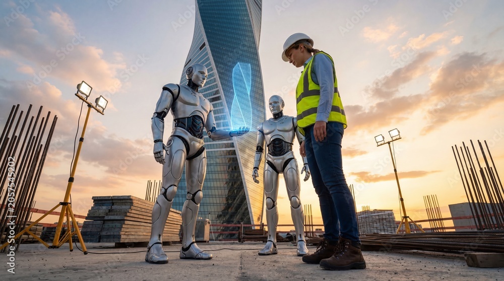 Fototapeta premium Engineer and robot presenting holographic building model at construction site photography