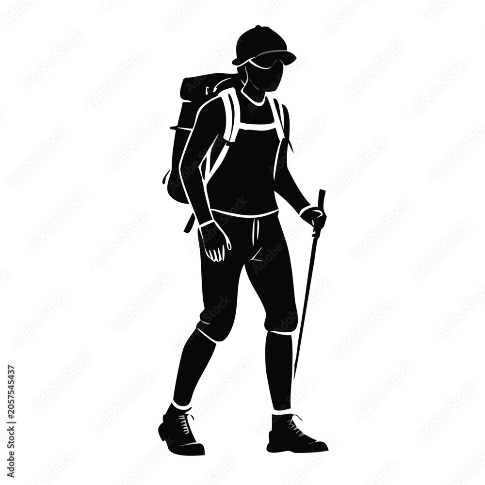 Fototapeta premium Silhouette depicts person hiking, equipped with backpack and trekking pole. Person hiking wears hat, shirt, shorts, and boots, prepared for nature trails. Good for outdoor lifestyle, travel marketing.