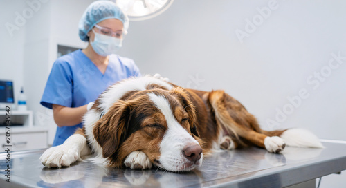 Professional veterinarian in scrubs performing a medical examination on an Australian Shepherd dog lying sedated on a stainless steel surgical table in a modern, sterile veterinary clinic setting