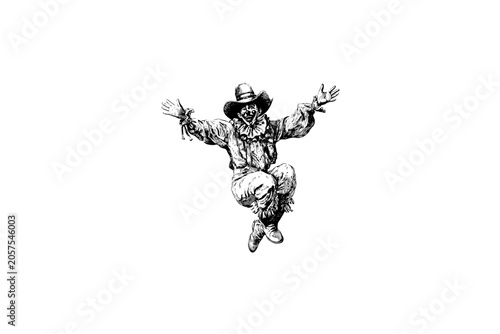 Vintage vector sketch of a rodeo clown jumping in the air. Engraving style digital illustration of a cheerful performer wearing a cowboy hat and makeup, isolated on white background.