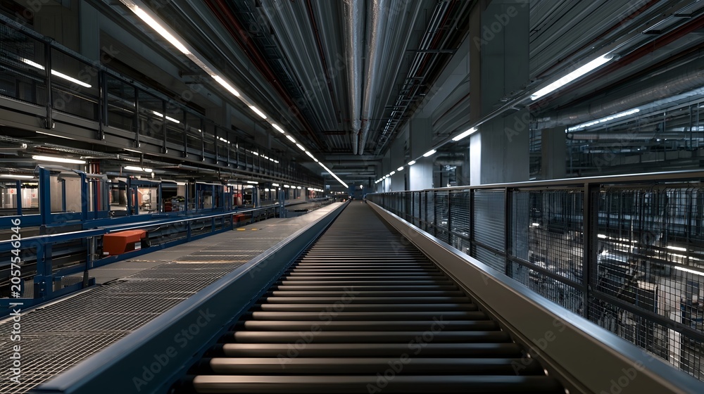 Naklejka premium An abstract representation of an efficient logistics system featuring modern engineered structures bathed in cool metal tones