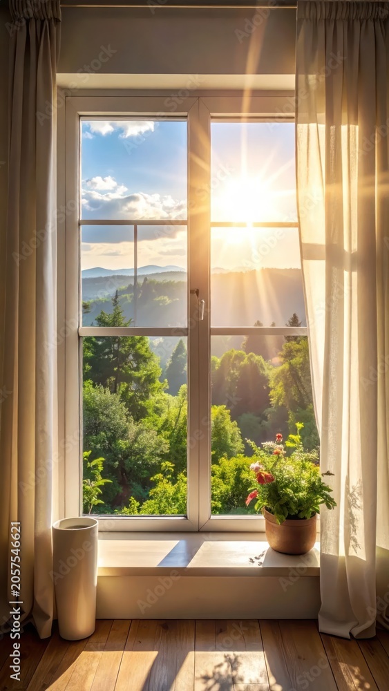 Fototapeta premium Sunlit Window Overlooking Lush Mountain Landscape with Curtains and Potted Plant