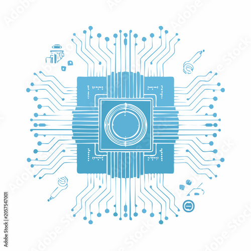 Abstract Blue Circuit Board with Central Processor