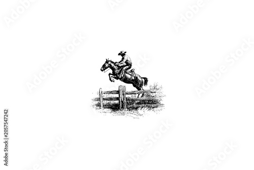 Vintage vector sketch of a cowboy jumping over a fence on a horse. Engraving style digital illustration of a western rider in mid-air, isolated on white background.