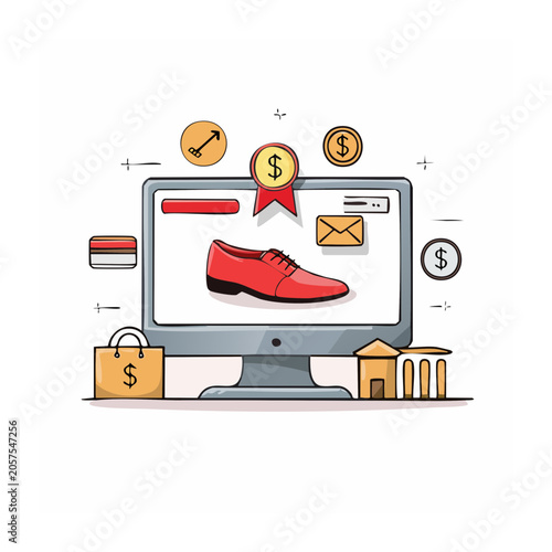 Flat design laptop with money and house illustration