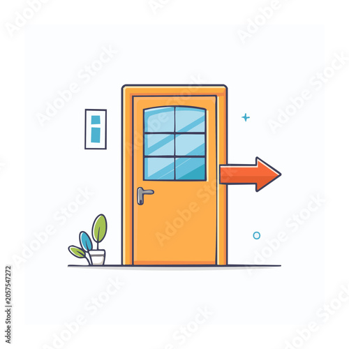Flat design orange door with window and plant