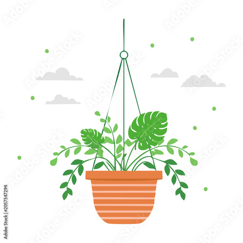 Flat design potted plant with green leaves and orange pot