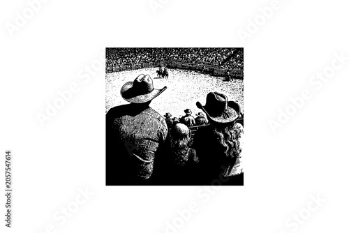 Vintage vector sketch of a family watching a rodeo show. Engraving style digital illustration of a cowboy, cowgirl, and child looking at a western arena performance.