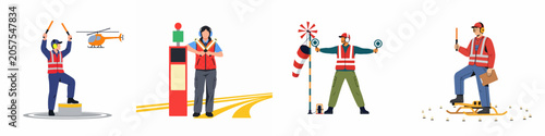 Flat illustration set of airport ground crew and marshallers directing aircraft with signals, wearing high-visibility vests and hearing protection on white background.