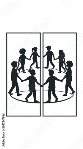 Fotografie A silhouette illustration of children holding hands in a circle divided by a vertical line