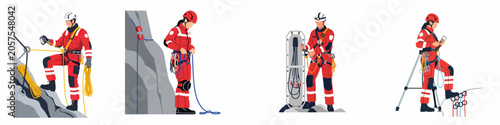 Mountain Rescue Team Set with Professional Rescuers in Red Uniforms Using Safety Climbing Gear and Stretcher for Emergency Alpine Operations Vector Illustration