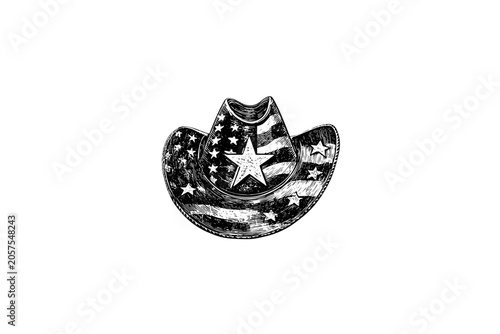 Vintage vector sketch of a cowboy hat with the USA flag pattern. Engraving style digital illustration of a patriotic western hat with stars and stripes, isolated on white background.
