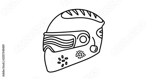 Stylized motorcycle racing helmet line art illustration. Safety gear for motorcycling, extreme sports, and protective headwear.
