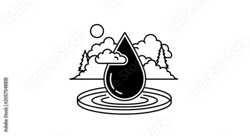 Minimalist line art illustration of a water droplet with ripples in a serene natural landscape featuring mountains, trees, and clouds.