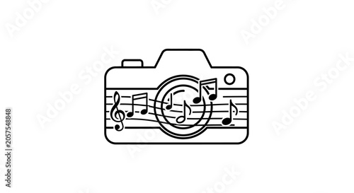 Modern Outline Icon: Photography Camera with Musical Notes and Treble Clef. Concept for Creative Media and Arts.
