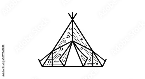 Abstract black and white line art illustration of a teepee tent with intricate digital circuit board patterns, symbolizing tech integration.