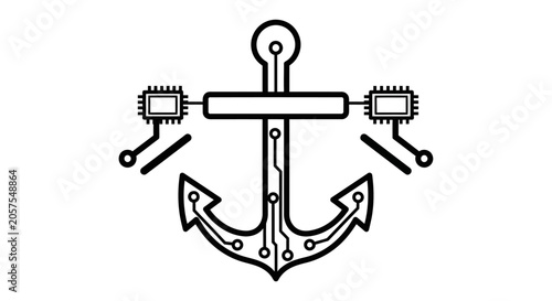 Digital anchor with circuit board patterns and microchips, symbolizing technology, stability, security, and robust digital solutions.