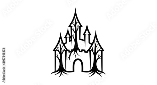 Spooky gothic castle illustration formed by intertwined tree roots and branches, mysterious fantasy vector art on white background.