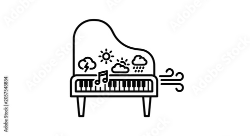 Grand piano with weather symbols, musical note, and wind. Concept of music, mood, and nature. Vector line art.