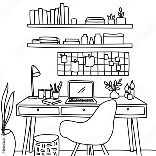 Cozy Home Office Workspace With Desk, Laptop, Shelves and Organized Study Area Coloring Page