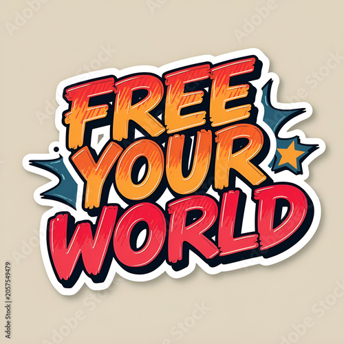 Free Your World text in a comic book style with vibrant colors and dynamic shapes.