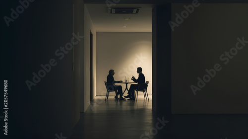 Two silhouetted figures sit at a table in a dimly lit room, engaged in a serious conversation.